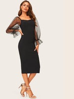 Load image into Gallery viewer,  Dot Mesh Flounce Lantern Sleeve Pencil Dress
