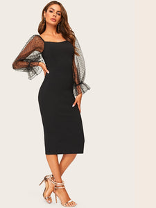  Dot Mesh Flounce Lantern Sleeve Pencil Dress