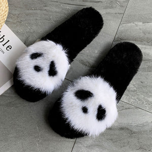 Fur Slippers Women Cartoon panda Fur Slides Home Furry Flat Sandals Female Cute Fluffy House Shoes Woman Brand Luxury 2019