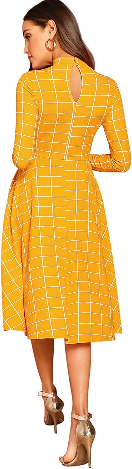 Floerns Women's High Neck Plaid Fit and Flare Midi Dress