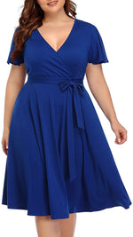 Load image into Gallery viewer, Women‘s Plus Size Faux Wrap V Neck Short Sleeve Midi Wedding Guest Party Casual Dresses
