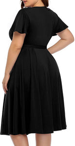 Women‘s Plus Size Faux Wrap V Neck Short Sleeve Midi Wedding Guest Party Casual Dresses