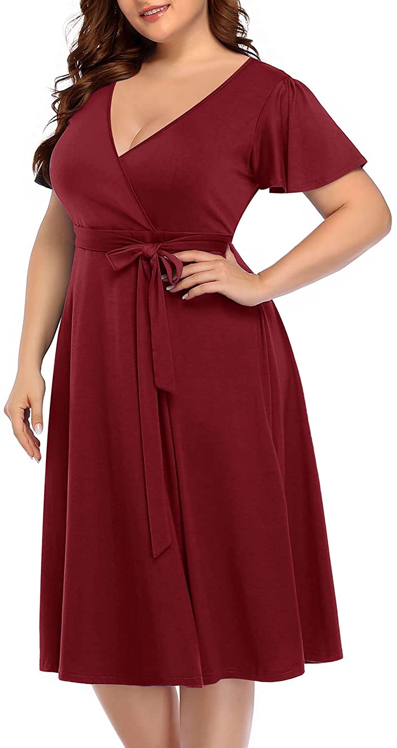 Women‘s Plus Size Faux Wrap V Neck Short Sleeve Midi Wedding Guest Party Casual Dresses