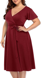 Women‘s Plus Size Faux Wrap V Neck Short Sleeve Midi Wedding Guest Party Casual Dresses