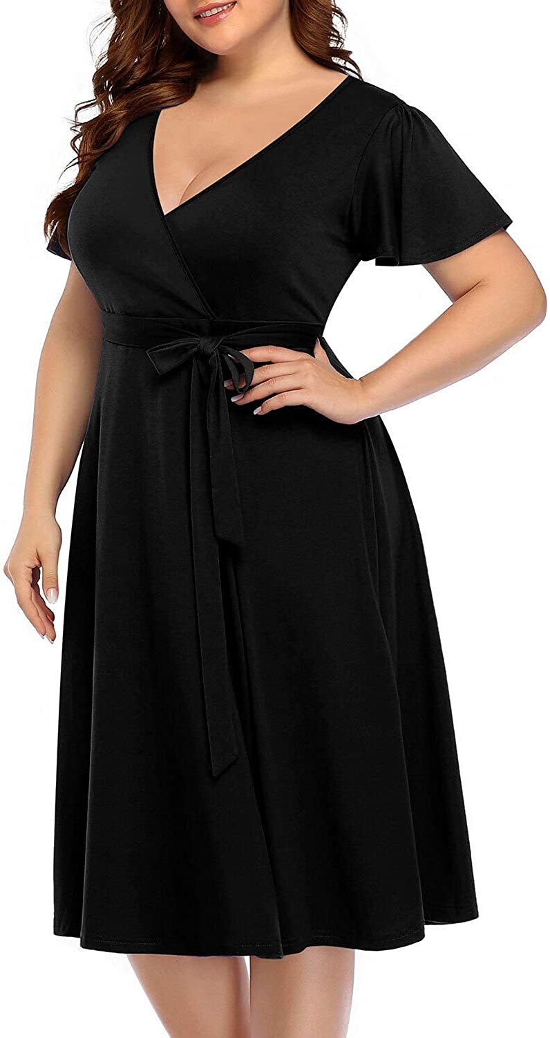 Women‘s Plus Size Faux Wrap V Neck Short Sleeve Midi Wedding Guest Party Casual Dresses