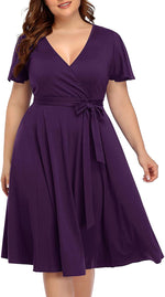 Load image into Gallery viewer, Women‘s Plus Size Faux Wrap V Neck Short Sleeve Midi Wedding Guest Party Casual Dresses
