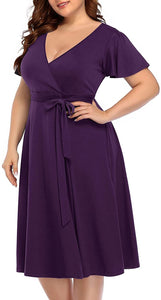 Women‘s Plus Size Faux Wrap V Neck Short Sleeve Midi Wedding Guest Party Casual Dresses