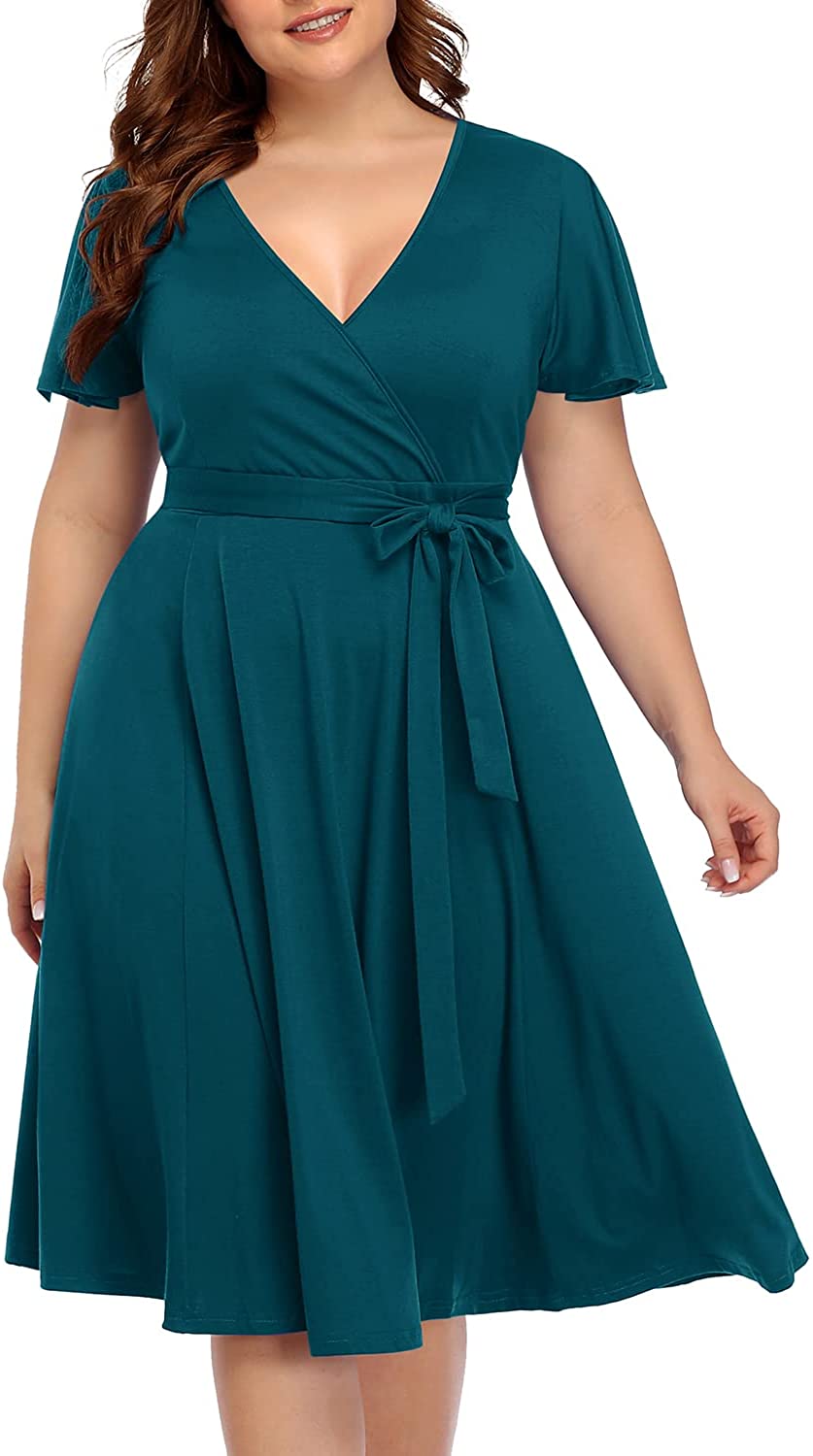 Women‘s Plus Size Faux Wrap V Neck Short Sleeve Midi Wedding Guest Party Casual Dresses