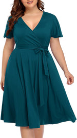 Load image into Gallery viewer, Women‘s Plus Size Faux Wrap V Neck Short Sleeve Midi Wedding Guest Party Casual Dresses
