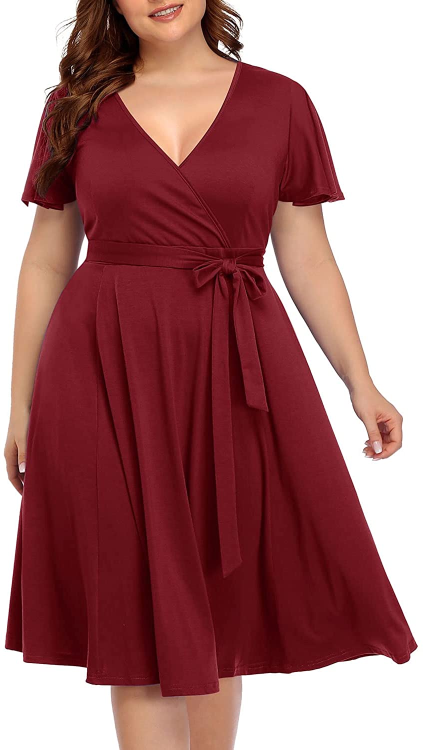 Women‘s Plus Size Faux Wrap V Neck Short Sleeve Midi Wedding Guest Party Casual Dresses