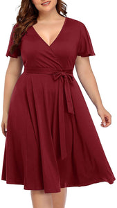 Women‘s Plus Size Faux Wrap V Neck Short Sleeve Midi Wedding Guest Party Casual Dresses