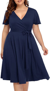 Women‘s Plus Size Faux Wrap V Neck Short Sleeve Midi Wedding Guest Party Casual Dresses