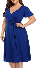 Load image into Gallery viewer, Women‘s Plus Size Faux Wrap V Neck Short Sleeve Midi Wedding Guest Party Casual Dresses
