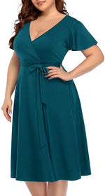 Load image into Gallery viewer, Women‘s Plus Size Faux Wrap V Neck Short Sleeve Midi Wedding Guest Party Casual Dresses
