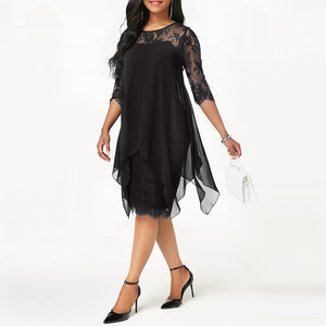 Plus Size Chiffon Dresses Women New Fashion Chiffon Overlay Three Quarter Sleeve Stitching Irregular Hem Lace Dress