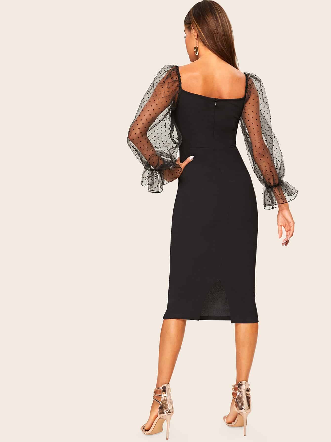  Dot Mesh Flounce Lantern Sleeve Pencil Dress