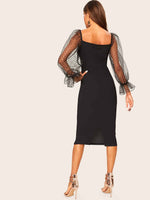 Load image into Gallery viewer,  Dot Mesh Flounce Lantern Sleeve Pencil Dress
