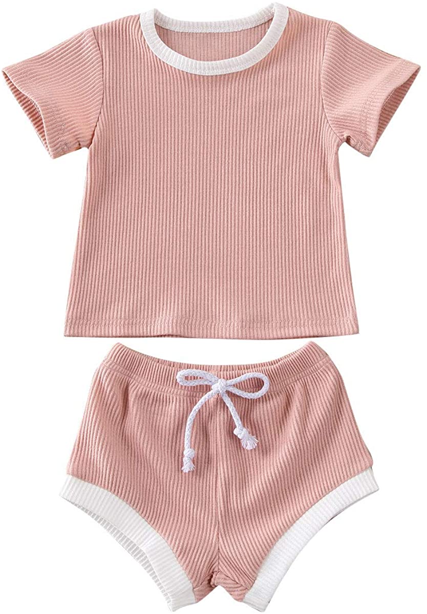 Newborn Baby Boys Girls Summer Outfits Infant Ribbed Knitted Cotton Short Sleeve T-Shirt + Shorts Two Piece Clothes Set