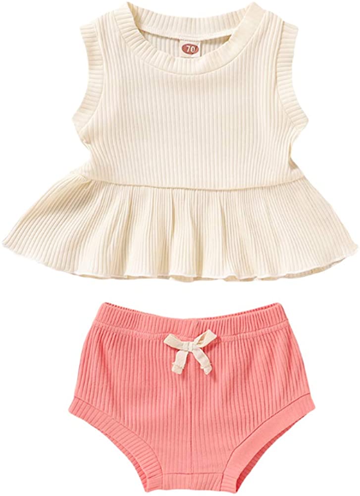 Newborn Baby Boys Girls Summer Outfits Infant Ribbed Knitted Cotton Short Sleeve T-Shirt + Shorts Two Piece Clothes Set