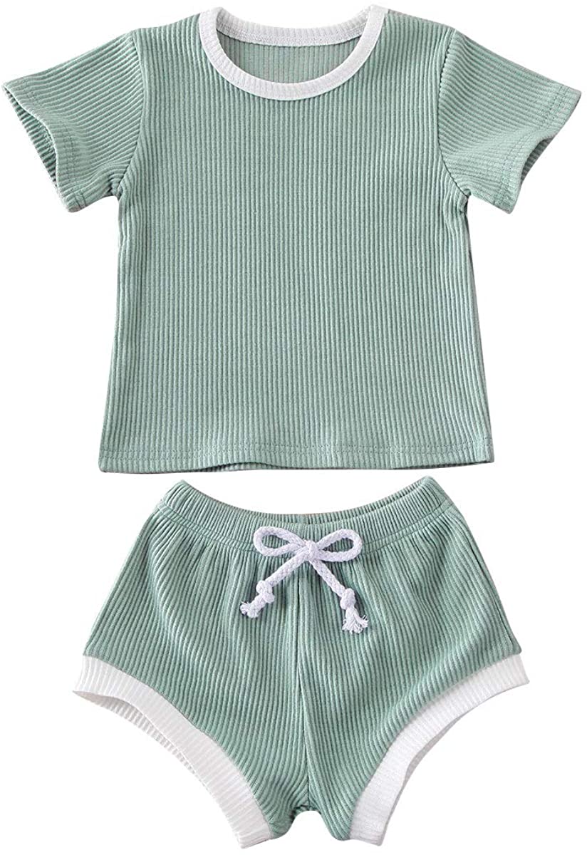 Newborn Baby Boys Girls Summer Outfits Infant Ribbed Knitted Cotton Short Sleeve T-Shirt + Shorts Two Piece Clothes Set