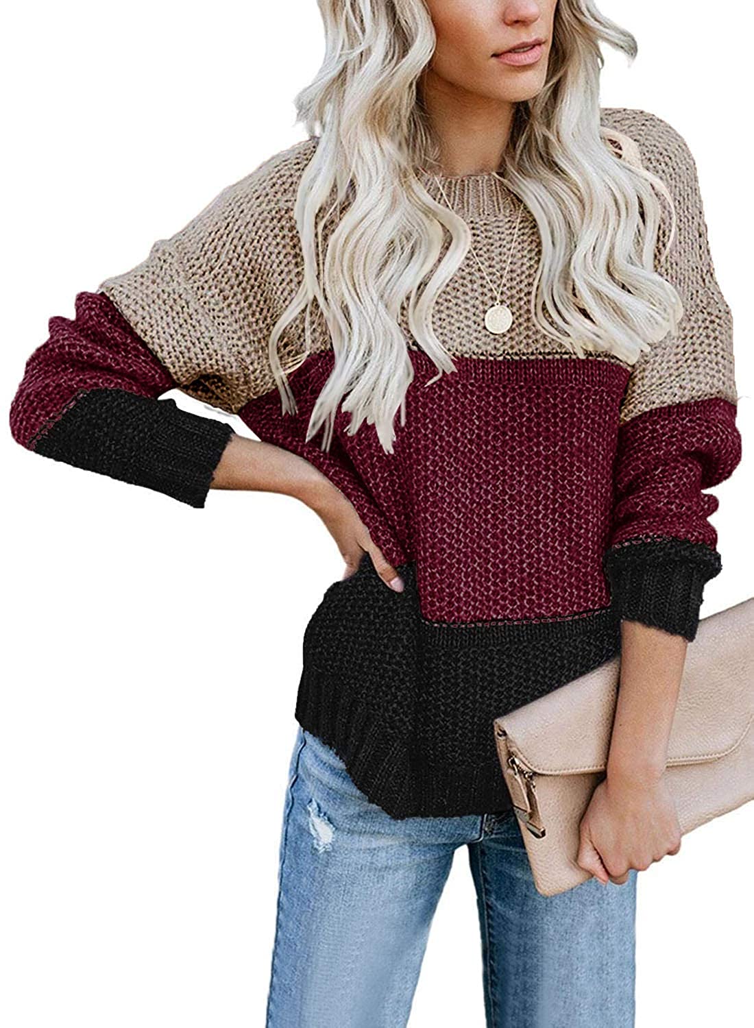 CANIKAT Women's Crewneck Color Block Striped Sweater Long Sleeve Loose Knit Pullover Jumper Tops