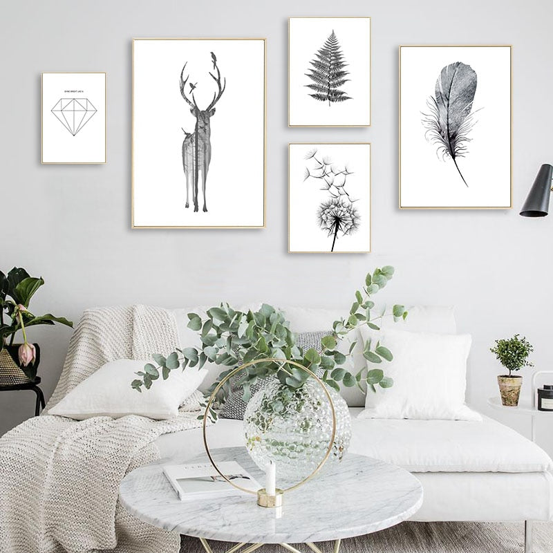 Scandinavian Poster Black White Deer Dandelion Nordic Style Wall Art Canvas Print Painting Decoration Picture Living Room Decor|Painting & Calligraphy