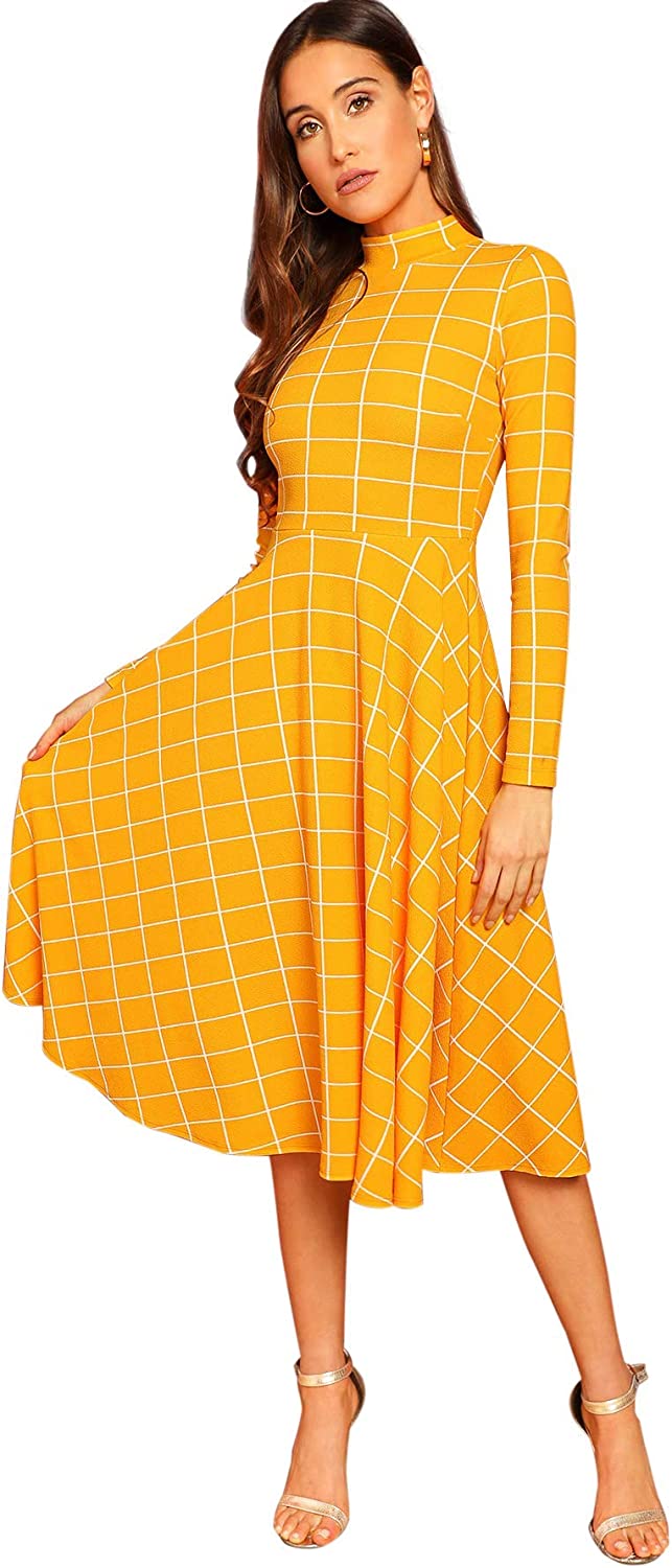 Floerns Women's High Neck Plaid Fit and Flare Midi Dress