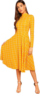Floerns Women's High Neck Plaid Fit and Flare Midi Dress
