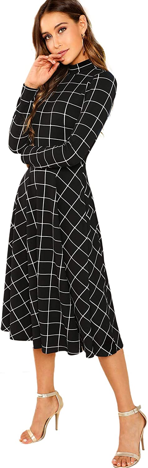 Floerns Women's High Neck Plaid Fit and Flare Midi Dress