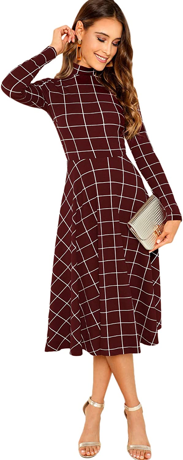 Floerns Women's High Neck Plaid Fit and Flare Midi Dress