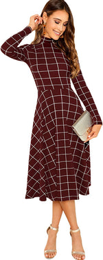 Load image into Gallery viewer, Floerns Women&#39;s High Neck Plaid Fit and Flare Midi Dress
