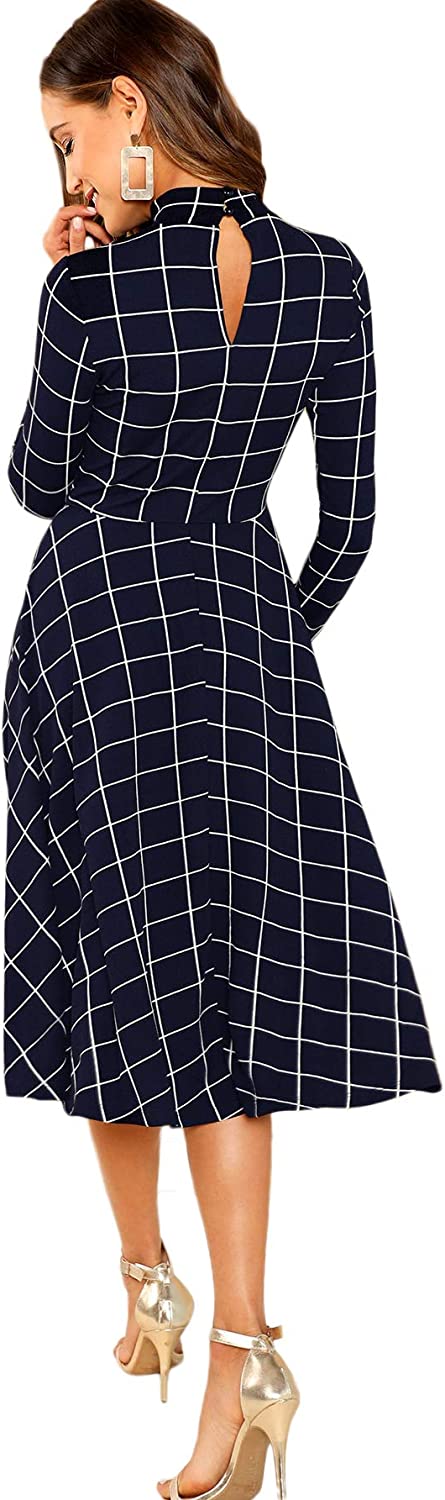 Floerns Women's High Neck Plaid Fit and Flare Midi Dress