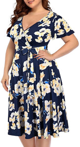 Women‘s Plus Size Faux Wrap V Neck Short Sleeve Midi Wedding Guest Party Casual Dresses