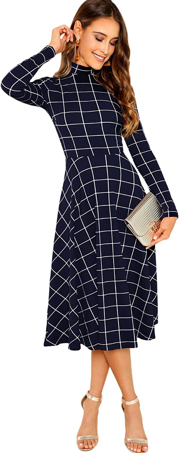 Floerns Women's High Neck Plaid Fit and Flare Midi Dress