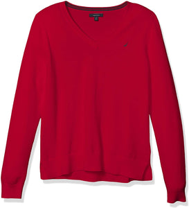 Nautica Women's Effortless J-Class Long Sleeve 100% Cotton V-Neck Sweater