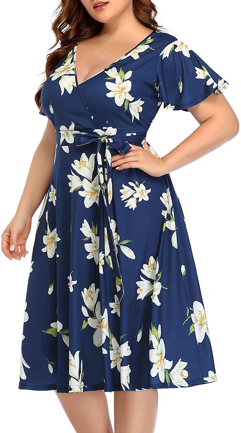 Women‘s Plus Size Faux Wrap V Neck Short Sleeve Midi Wedding Guest Party Casual Dresses