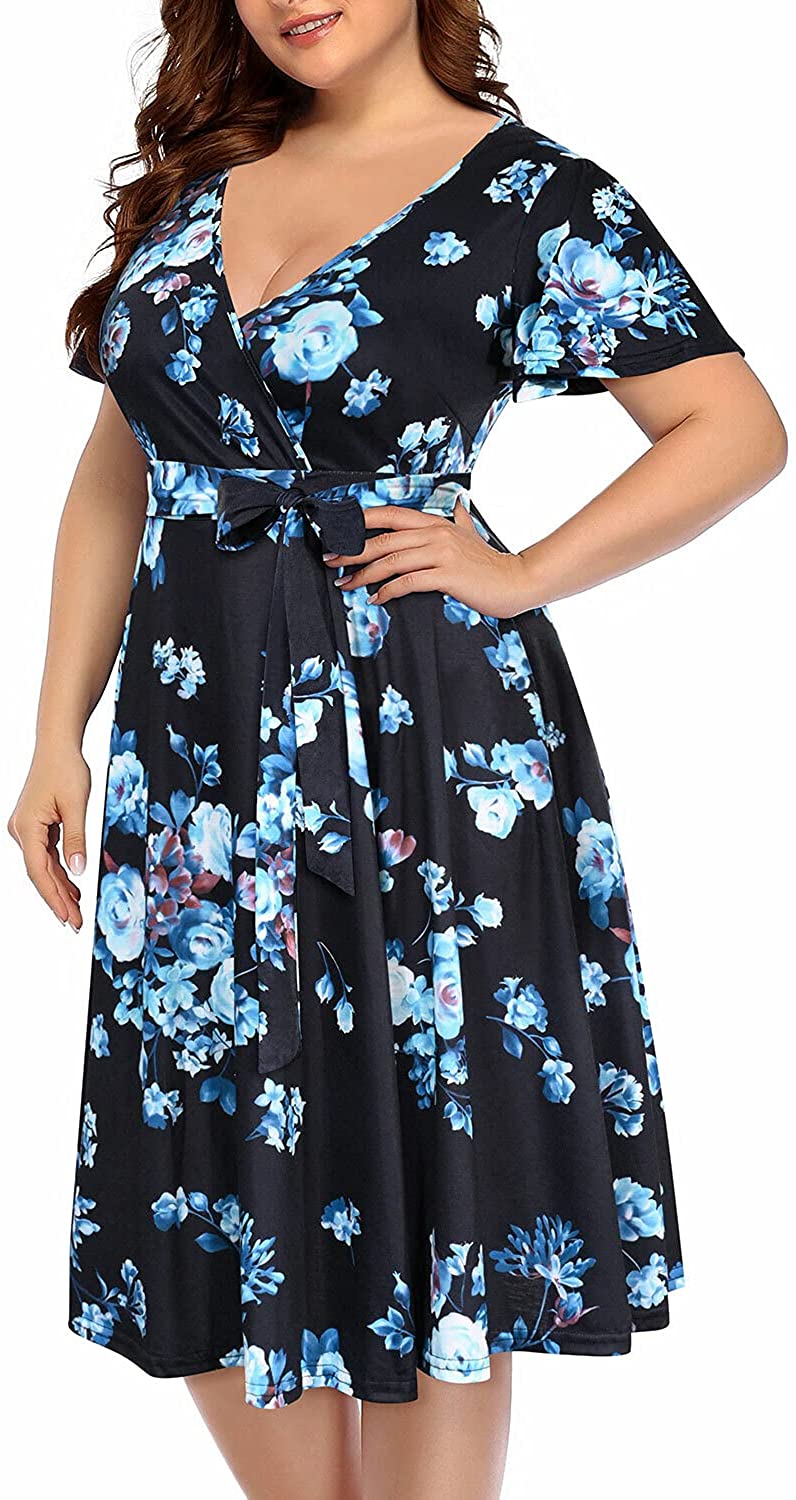 Women‘s Plus Size Faux Wrap V Neck Short Sleeve Midi Wedding Guest Party Casual Dresses