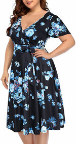 Load image into Gallery viewer, Women‘s Plus Size Faux Wrap V Neck Short Sleeve Midi Wedding Guest Party Casual Dresses
