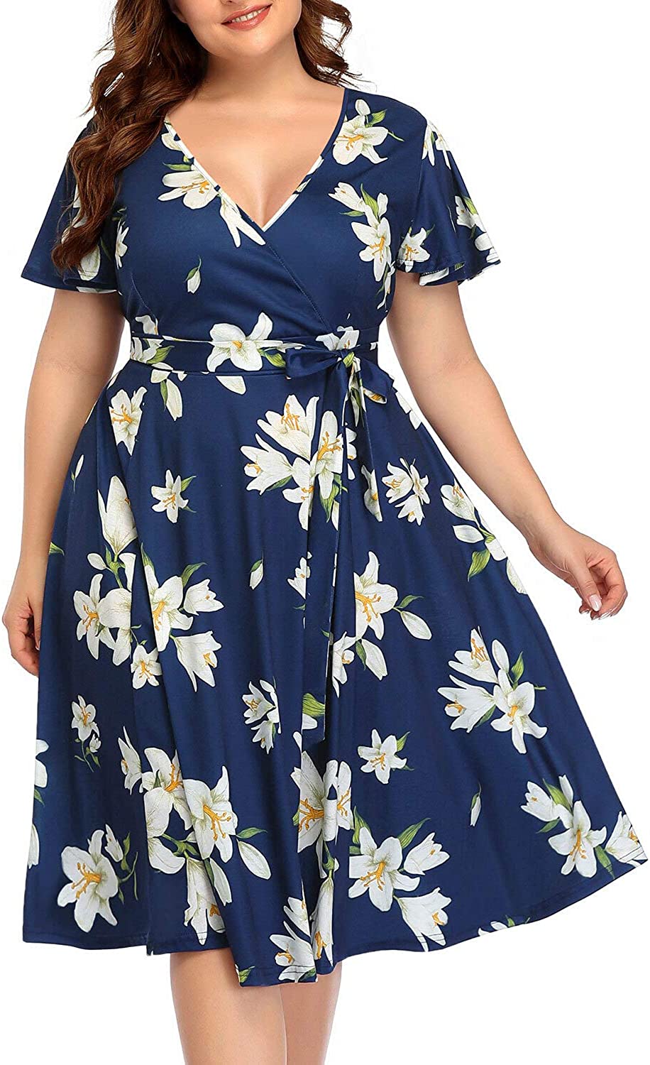 Women‘s Plus Size Faux Wrap V Neck Short Sleeve Midi Wedding Guest Party Casual Dresses