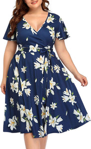 Women‘s Plus Size Faux Wrap V Neck Short Sleeve Midi Wedding Guest Party Casual Dresses