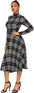 Floerns Women's High Neck Plaid Fit and Flare Midi Dress