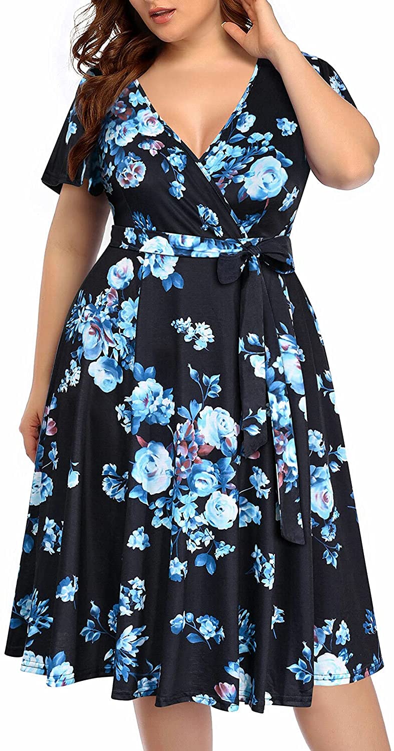 Women‘s Plus Size Faux Wrap V Neck Short Sleeve Midi Wedding Guest Party Casual Dresses