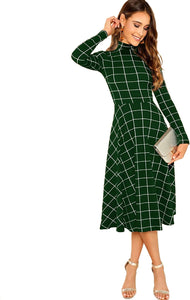 Floerns Women's High Neck Plaid Fit and Flare Midi Dress
