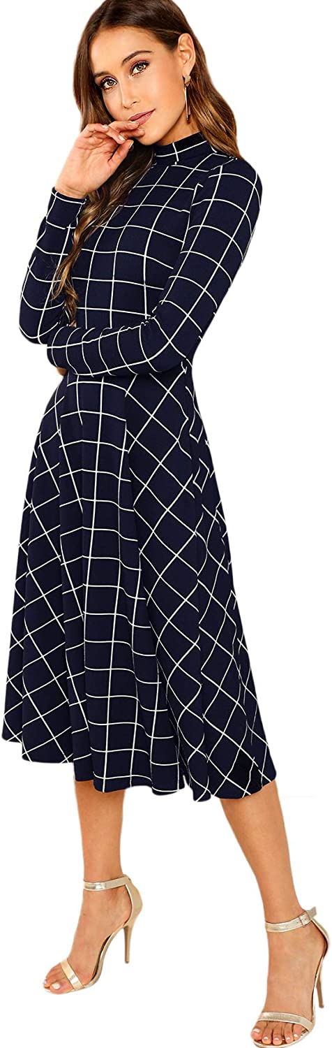 Floerns Women's High Neck Plaid Fit and Flare Midi Dress
