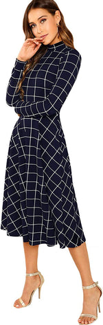 Load image into Gallery viewer, Floerns Women&#39;s High Neck Plaid Fit and Flare Midi Dress

