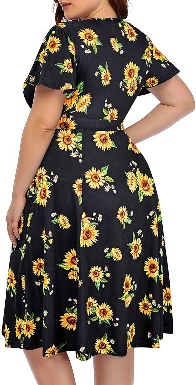 Women‘s Plus Size Faux Wrap V Neck Short Sleeve Midi Wedding Guest Party Casual Dresses