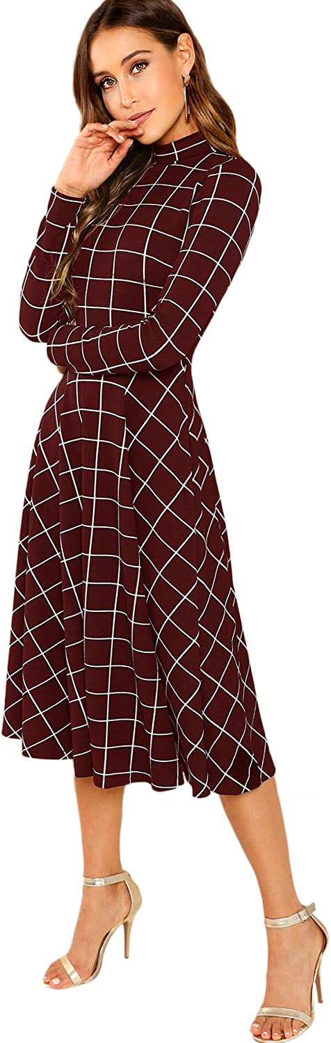 Floerns Women's High Neck Plaid Fit and Flare Midi Dress