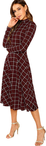 Load image into Gallery viewer, Floerns Women&#39;s High Neck Plaid Fit and Flare Midi Dress
