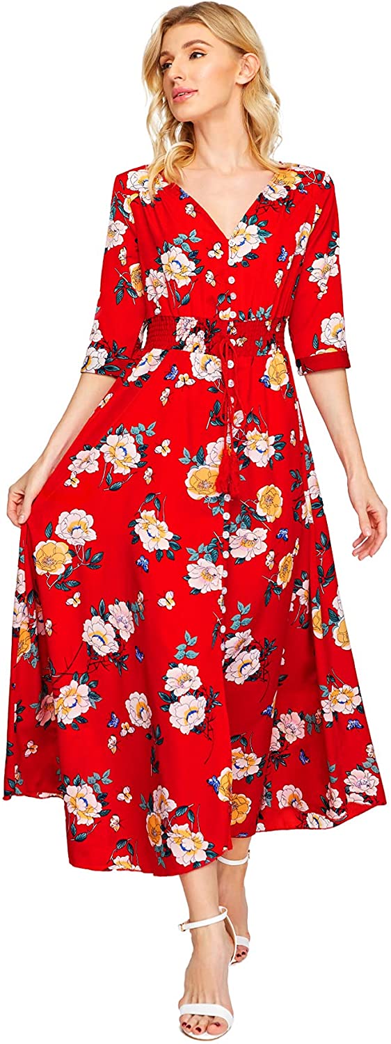 Milumia Women's Button Up Split Floral Print Flowy Party Maxi Dress