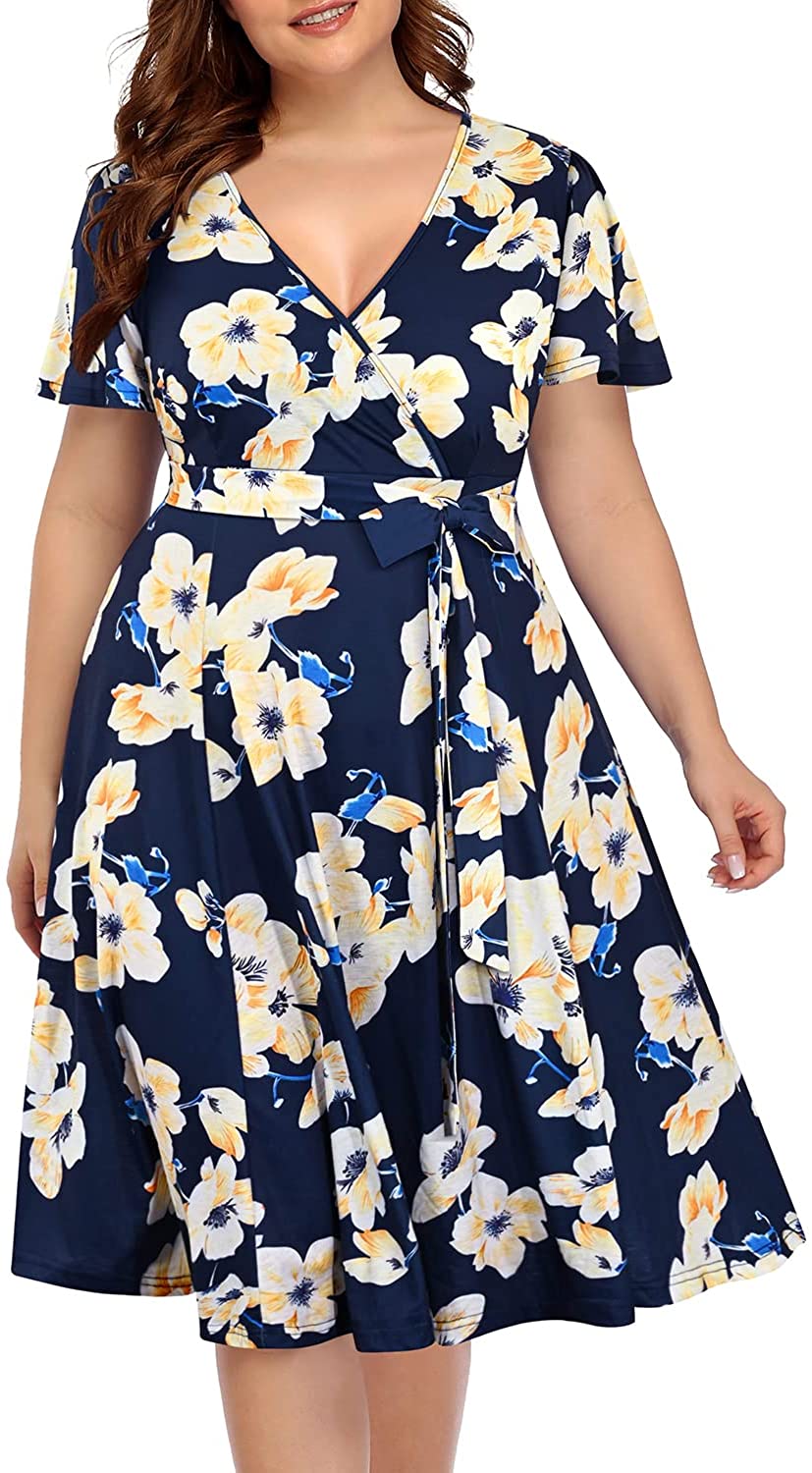 Women‘s Plus Size Faux Wrap V Neck Short Sleeve Midi Wedding Guest Party Casual Dresses